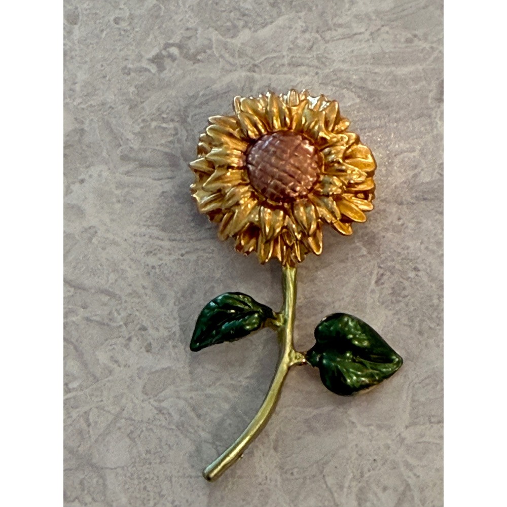 Vintage Gold Tone Sunflower Brooch with Green Enamel Leaves Pin